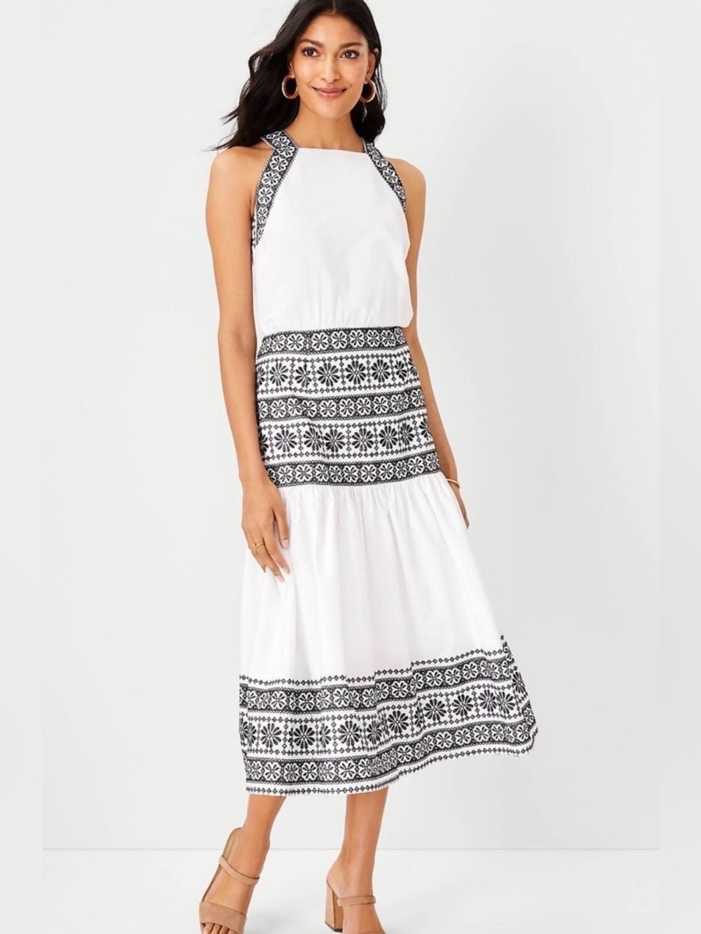 Ann Taylor White Halter Maxi Dress with Black Embroidered Trim